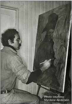 Stanley Roseman painting a portrait of Mt'te, who kindly sat for the artist in the reindeer herder's winter dwelling in the hamlet of Soaht'tofiel'bm, Kautokeino Township, 1976. Photo courtesy of Myrdene Anderson