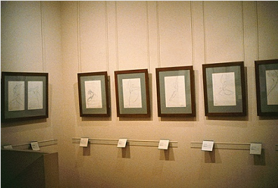 Gallery 3 of the Bibliotheque-Musee de l'Opera, Palais Garnier, with a selection of Stanley Roseman's drawings from Nureyev's last choreography "La Bayadere." Photo by Ronald Davis.