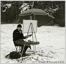 Stanley Roseman at his easel in a snowy field in the French countryside, 2007.  Photo by Ronald Davis
